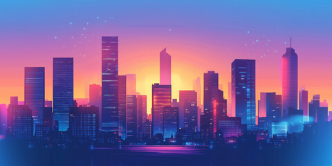 Fototapeta premium Modern City Skyline with Office Buildings and Drone View at Sunset