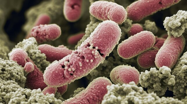 Close-up, magnified image of Streptococcus bacteria cells under a microscope, showcasing their appearance and potential to cause infections.