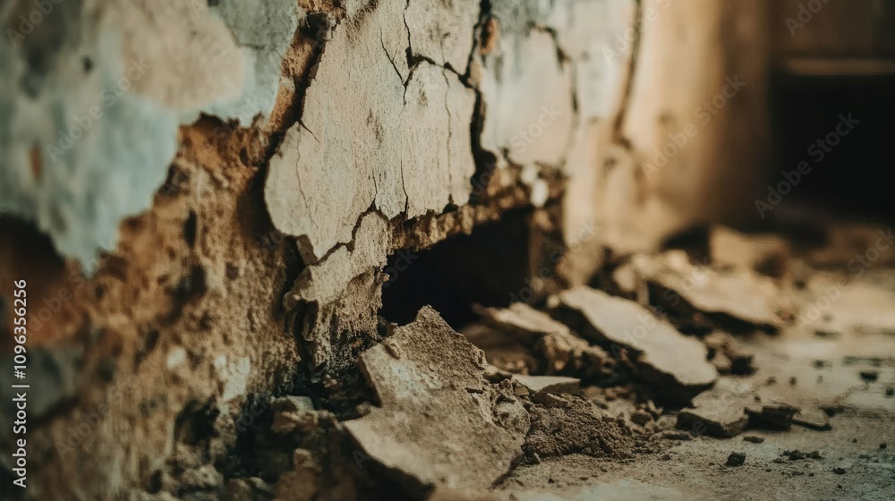Poster Close-up of a crumbling building foundation with visible cracks and wear, highlighting signs of decay and structural failure.