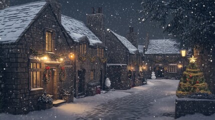 Charming Christmas village with softly falling snow