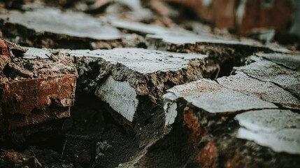 Fototapeta premium Close-up of a crumbling building foundation with visible cracks and wear, highlighting signs of decay and structural failure.