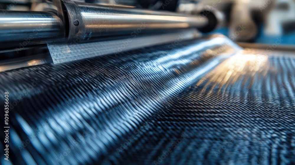 Poster close-up of carbon fiber being woven by a high-tech machine, showcasing the intricate process and ad