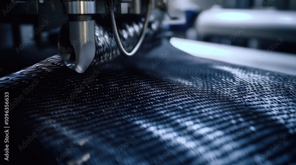 Poster close-up of carbon fiber being woven by a high-tech machine, showcasing the intricate process and ad