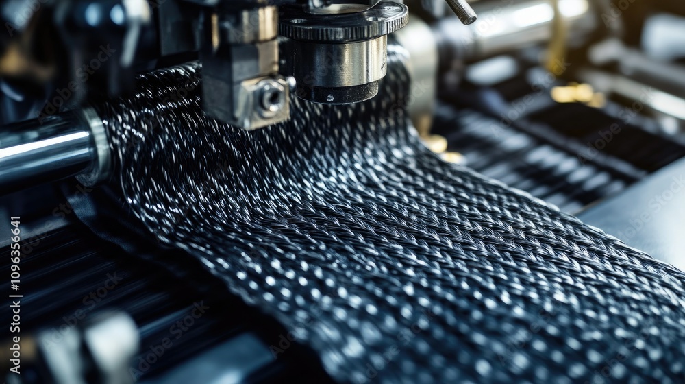 Aufkleber close-up of carbon fiber being woven by a high-tech machine, showcasing the intricate process and ad