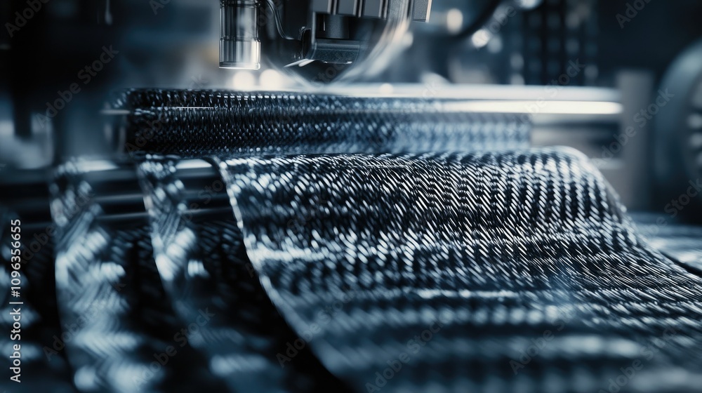 Poster close-up of carbon fiber being woven by a high-tech machine, showcasing the intricate process and ad