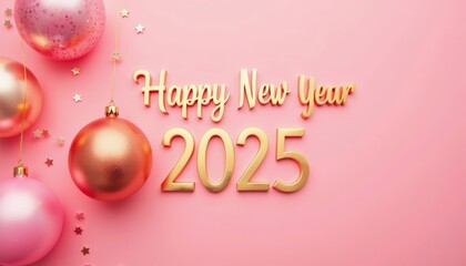 a simple New Year 2025 celebration greeting with an ornament and a pink background 