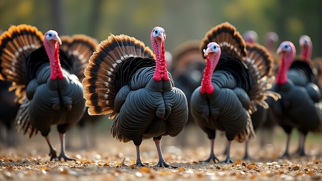 A group of turkeys performing an energetic and lively dance routine, complete with flapping wings and joyful squawking sounds on stage outside.