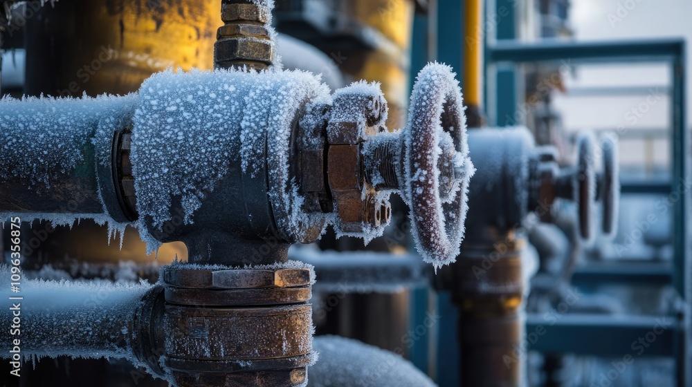 Poster close-up of industrial machinery with intricate frost patterns, emphasizing frozen pipes and valves 