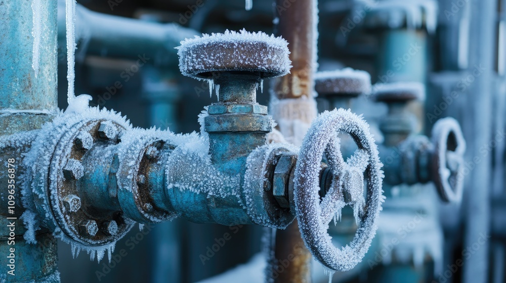 Poster close-up of industrial machinery with intricate frost patterns, emphasizing frozen pipes and valves 