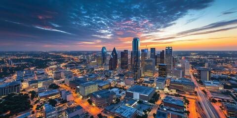 Modern City Skyline with Office Buildings and Drone View at Sunset