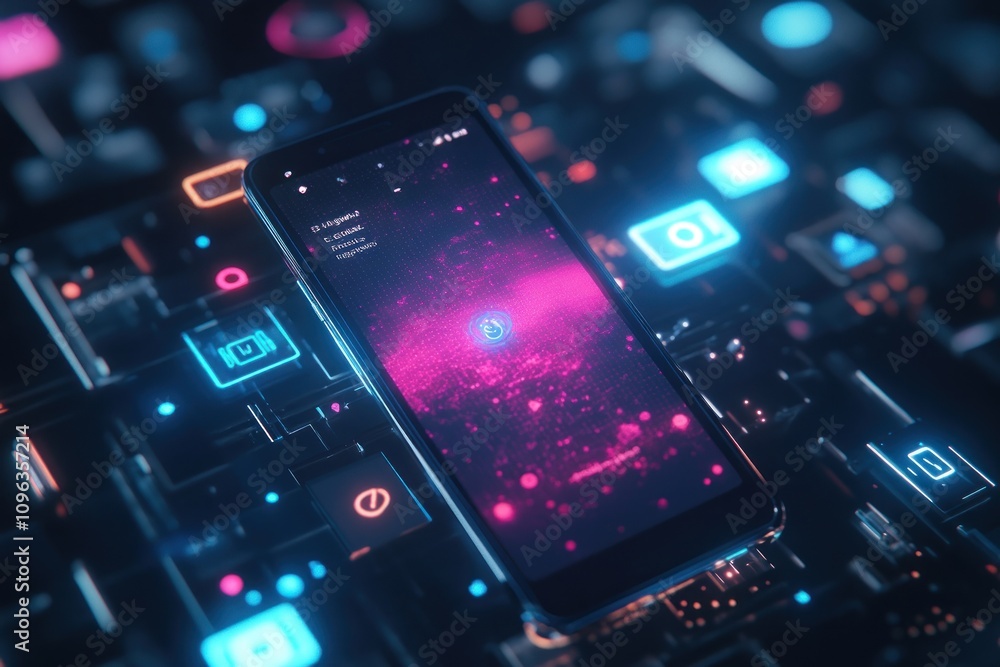 Poster Futuristic smartphone displaying vibrant digital interface on a technological background.
