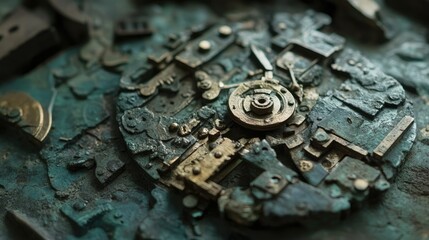 Close-up of the mysterious Antikythera mechanism among other ancient Greek artifacts, emphasizing its historical significance.