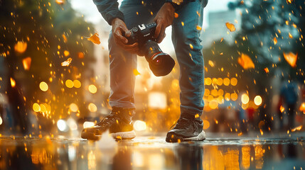 Banner of street photographer capturing vivid orange tones amidst blurred background evening light showcasing creative work passion dynamic moment
