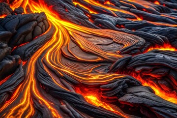 Molten lava flow close-up with intricate lava texture