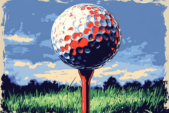 A golf ball on a tee against a blue sky and grassy background, symbolizing the sport of golf.
