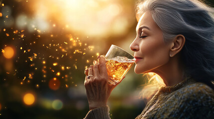 Banner showing an elderly woman savoring a drink surrounded by golden sparkles in a warm amber light.