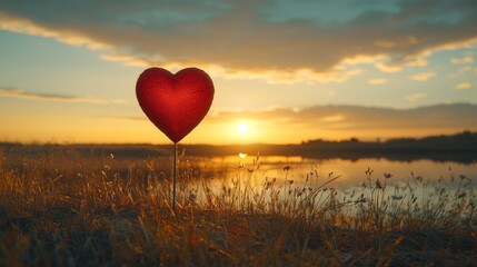 A vibrant heart-shaped balloon stands in a serene landscape, reflecting the warmth of a sunset over a tranquil body of water.