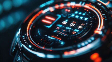 Here's a response formatted for stock photo submission.. Close-up of futuristic smartwatch with vibrant digital display.