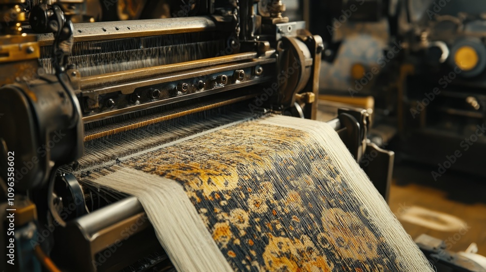 Poster Detailed shot of a textile loom with machinery in motion, weaving complex patterns with high precision and advanced engineering.