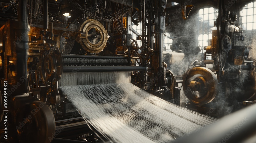 Aufkleber Detailed shot of a textile loom with machinery in motion, weaving complex patterns with high precision and advanced engineering.