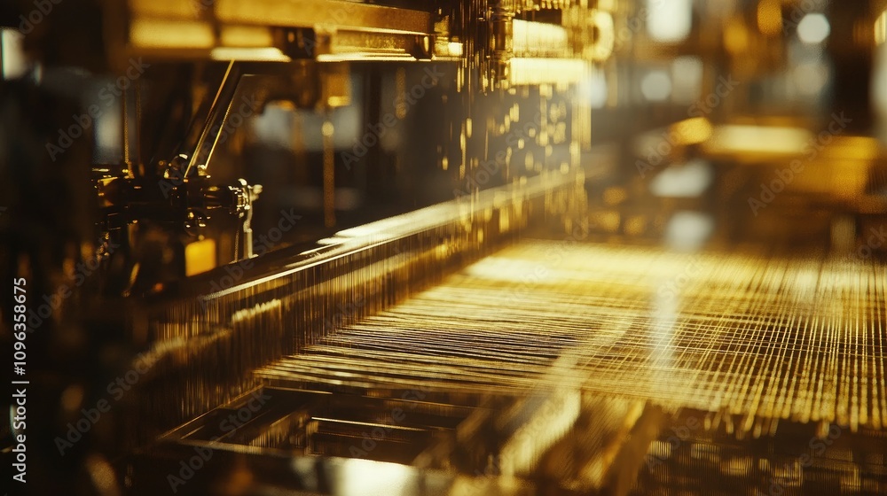 Poster Detailed shot of a textile loom with machinery in motion, weaving complex patterns with high precision and advanced engineering.