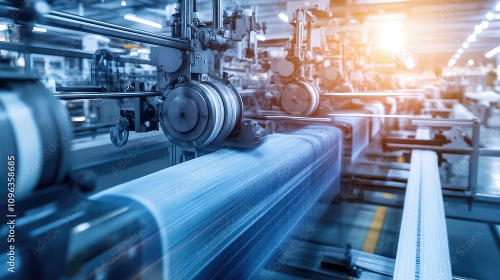 Poster Detailed shot of a textile loom with machinery in motion, weaving complex patterns with high precision and advanced engineering.