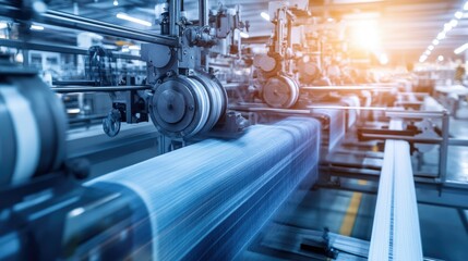 Detailed shot of a textile loom with machinery in motion, weaving complex patterns with high precision and advanced engineering.