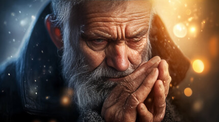 Banner depicting elderly man reflecting deeply, holding hands together, warm glow and cool shades of lighting atmosphere surrounding