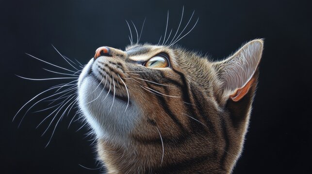 Close-up portrait of a curious Bengal cat looking upward, highlighting its striking coat patterns and expressive green eyes against a dark background.