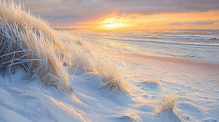 A Breathtaking Winter Sunset Over a Hoarfrost-Covered Beach with Delicate Ice Crystals Adorning the Grass and Sand Under Ethereal Light