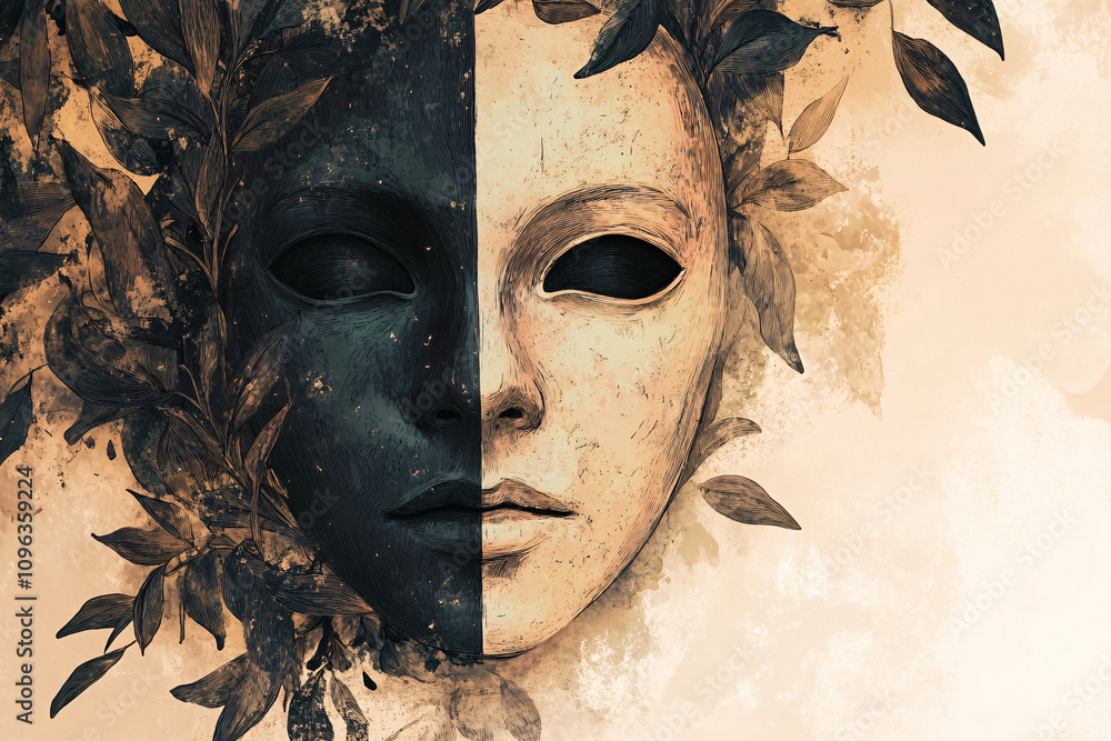 Poster a dual-tone mask with one side light and one side dark is surrounded by delicate leaves creating a d
