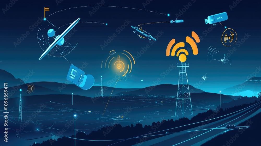 Poster Diagram of satellite-enabled pager communication, illustrating how signals are relayed between satellite systems, towers, and devices to maintain wireless network connectivity.