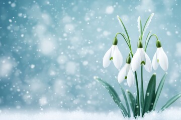 Snowdrops blooming in winter snow.