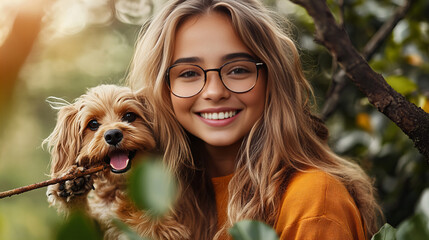Banner of girl happily playing with dog among green trees wearing glasses joyful expressions bright smile companionship