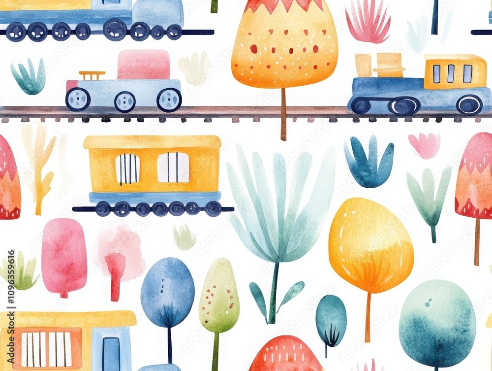 Poster boho seamless pattern and toy concepts. a playful watercolor pattern featuring colorful trains and w