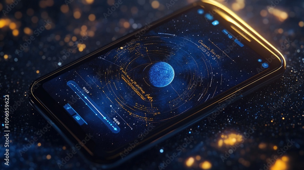 Aufkleber Digital astronomy app on a smartphone screen tracking the path of comet C2023 A3, with a cosmic background and user-friendly interface for stargazers.