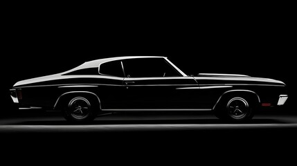 Obraz premium Sleek black 1973 muscle car with bold stripes, restored vintage design