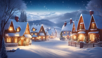 Fototapeta premium Peaceful Winter Village with Holiday Lights