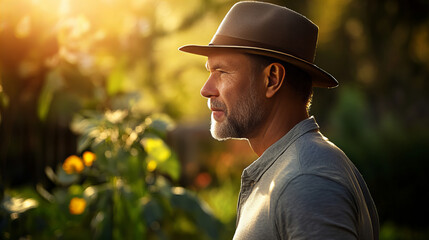 Banner showing thoughtful man wearing hat, peaceful garden, soft sunlight, contemplative nature, embracing solitude, enjoying golden hour
