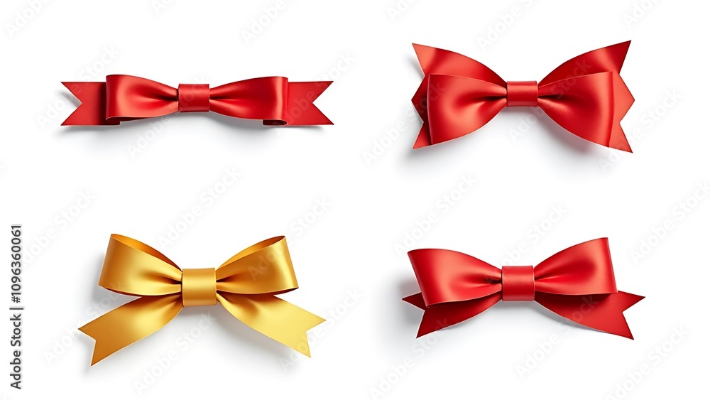 Poster a set of vibrant red and golden paper bows are isolated against a clean white background for creativ