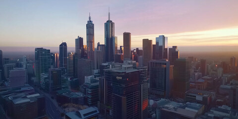 Modern City Skyline with Office Buildings and Drone View at Sunset