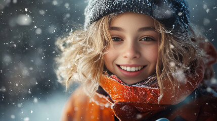 Banner depicting joyful child wearing winter hat coat in snowy scene with flurry backdrop vibrant smile in background image