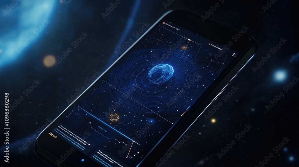 Poster Digital astronomy app on a smartphone screen tracking the path of comet C2023 A3, with a cosmic background and user-friendly interface for stargazers.