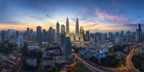 Fototapeta premium Modern City Skyline with Office Buildings and Drone View at Sunset