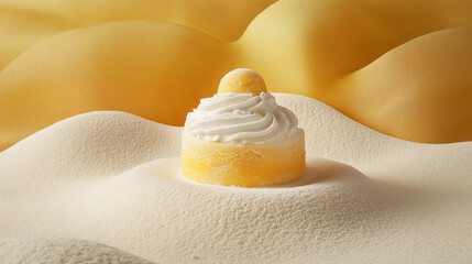 Yellow mousse dessert on white textured background whipped cream modern pastel food styling bakery product photo private chef cooking class catering concept copyspace banner summer treat