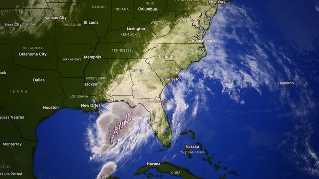 Map of Storm Cloud Movement on the East Coast of the United States, Loop Video