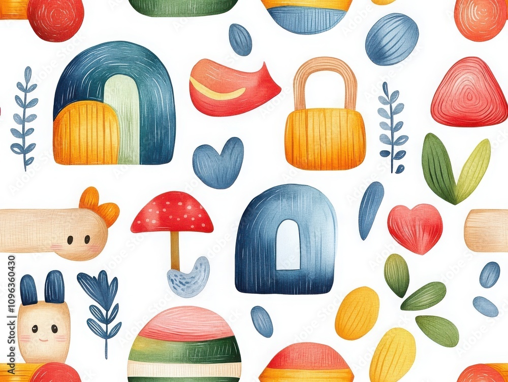Aufkleber boho seamless pattern and toy concepts. a vibrant and whimsical pattern featuring colorful shapes, i