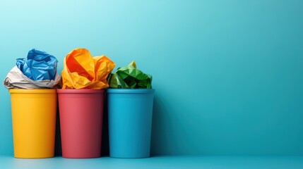 Colorful trash bins with crumpled paper waste set against a vibrant blue background, symbolizing recycling and waste management practices in urban settings.