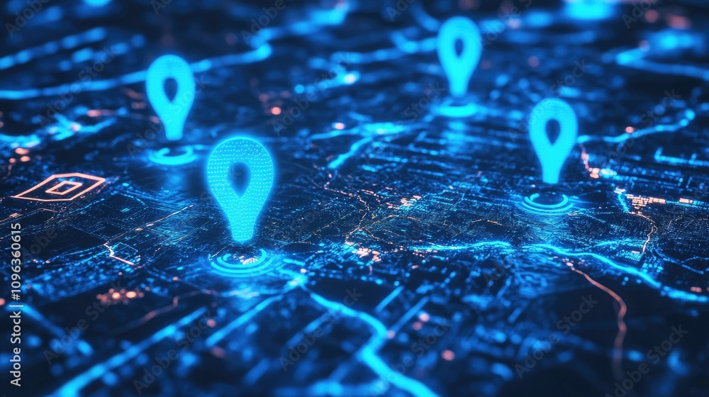Poster Futuristic digital map featuring footprints as destination markers, interconnected by dynamic data flows and information streams.