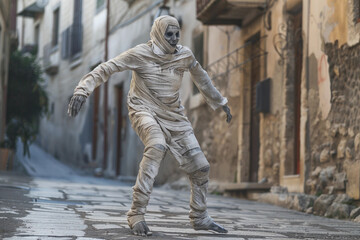 Scary sinister mummy wandering in street with dramatic lighting
